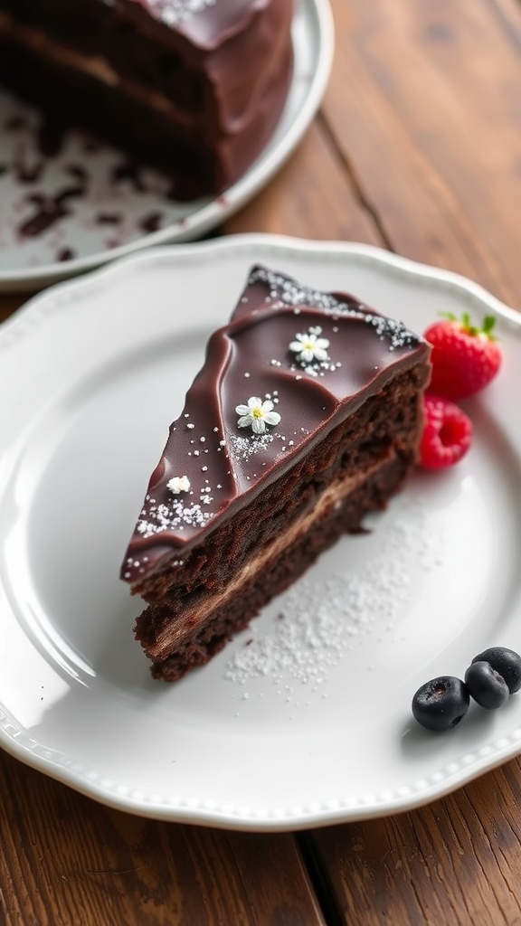 Slice of no-oven chocolate cake with frosting and berries on a rustic table.
